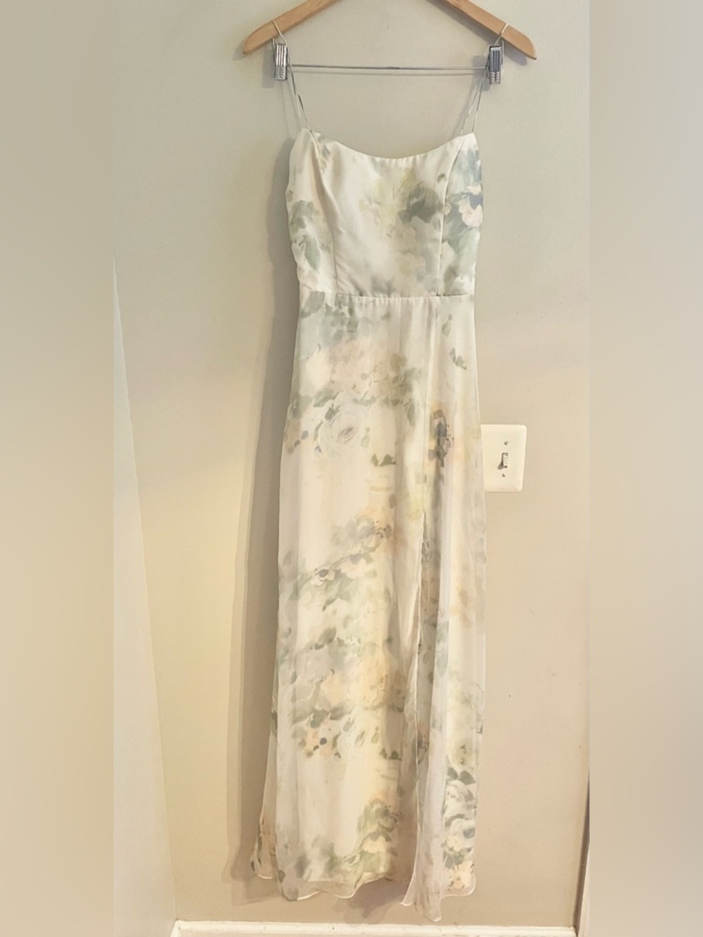 Jenny Yoo Collection Floral Chiffon Maxi Dress Green Cream V-Neck Gown Size 6 - Picture 2 of 15